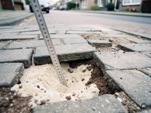 Verzakte en gebarsten betonklinkers op een Nederlandse woonstraat met uitgespoeld voegzand en een meetlat tegen de verzakte stenen.