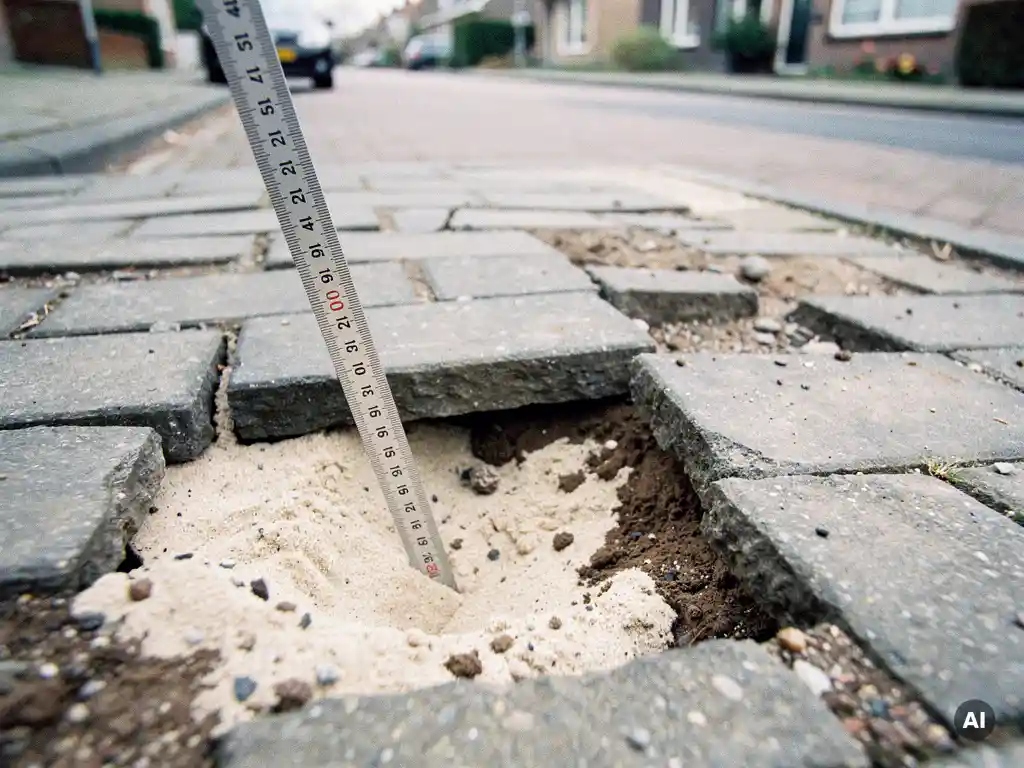 Verzakte en gebarsten betonklinkers op een Nederlandse woonstraat met uitgespoeld voegzand en een meetlat tegen de verzakte stenen.