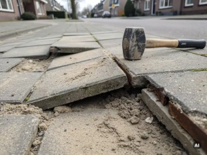 Verzakte en gebarsten betonstraatstenen op een Nederlandse woonstraat, met zichtbare zanduitschuring en een rubberen hamer ernaast.