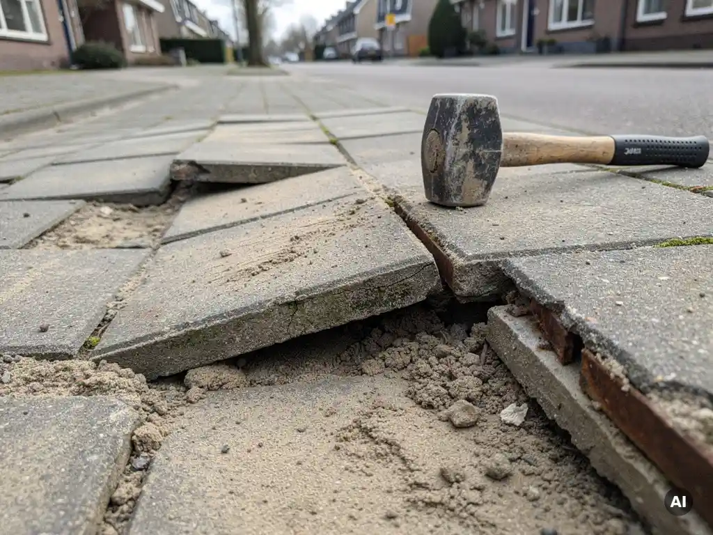 Verzakte en gebarsten betonstraatstenen op een Nederlandse woonstraat, met zichtbare zanduitschuring en een rubberen hamer ernaast.