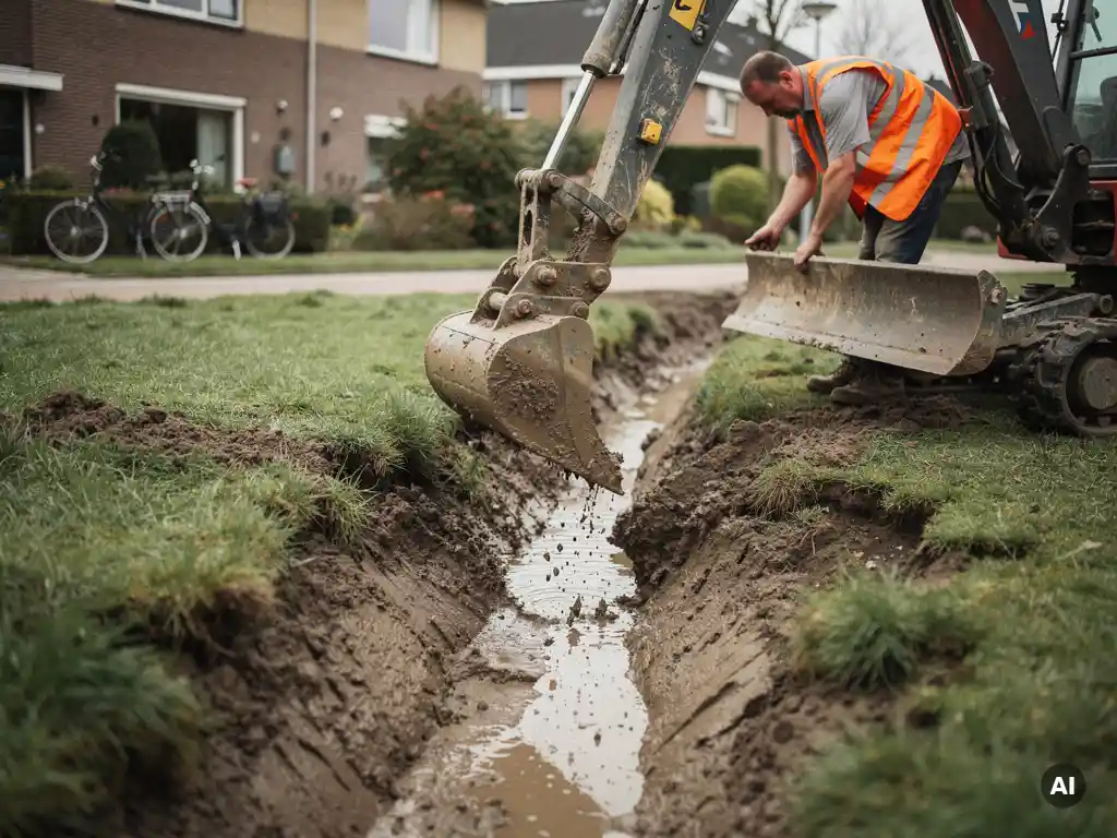 Arbeider in oranje veiligheidsvest begeleidt een minigraver bij het graven van een ondiepe wadi-waterberging in een Nederlandse woonwijk.