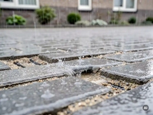 Doorlatende bestrating van een oprit absorbeert zware regenval, water sijpelt zichtbaar tussen lichtgrijze klinkers, Nederlandse woning op achtergrond.